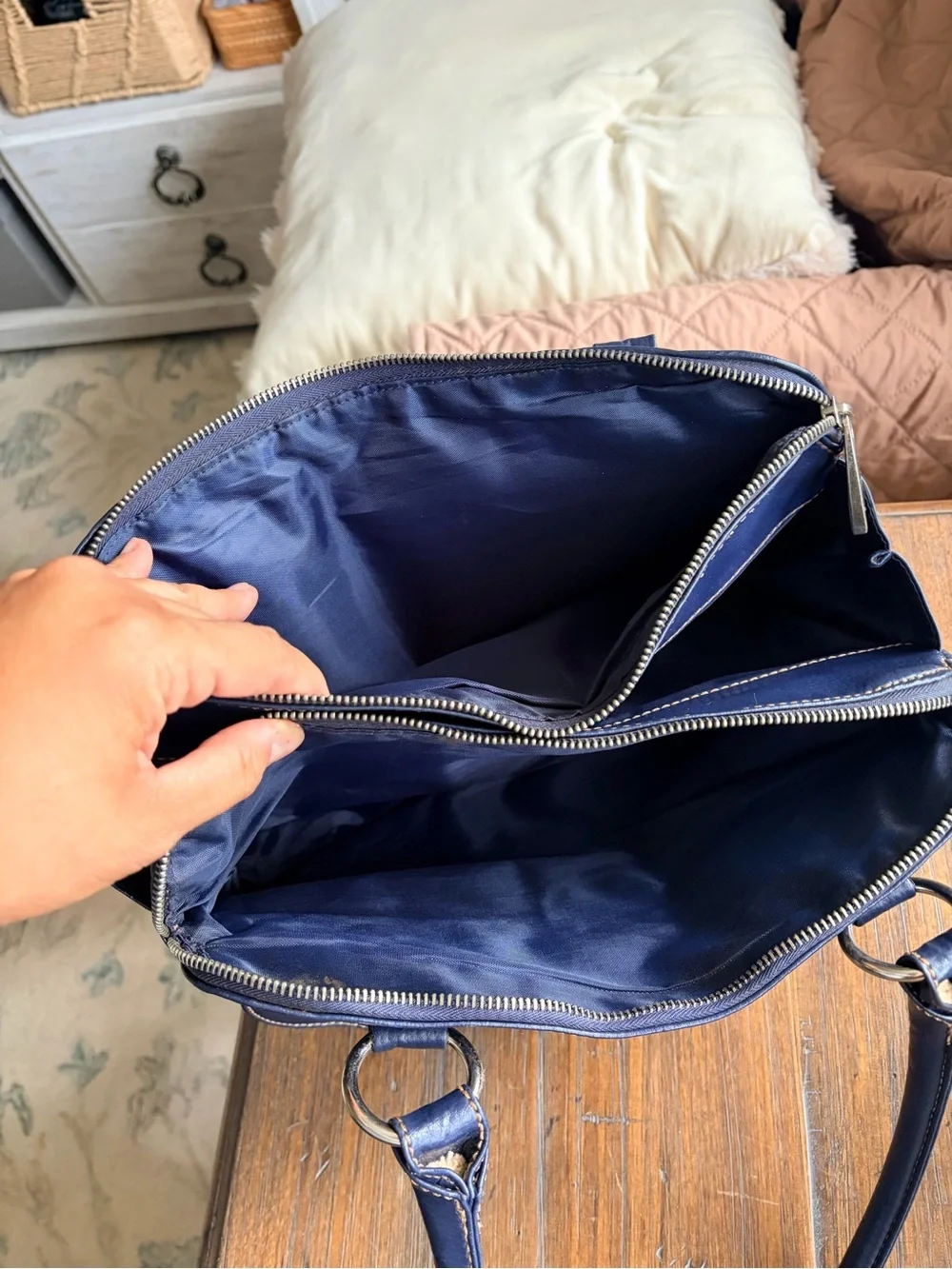 Classic Navy Satchel Handbag with Front Pockets